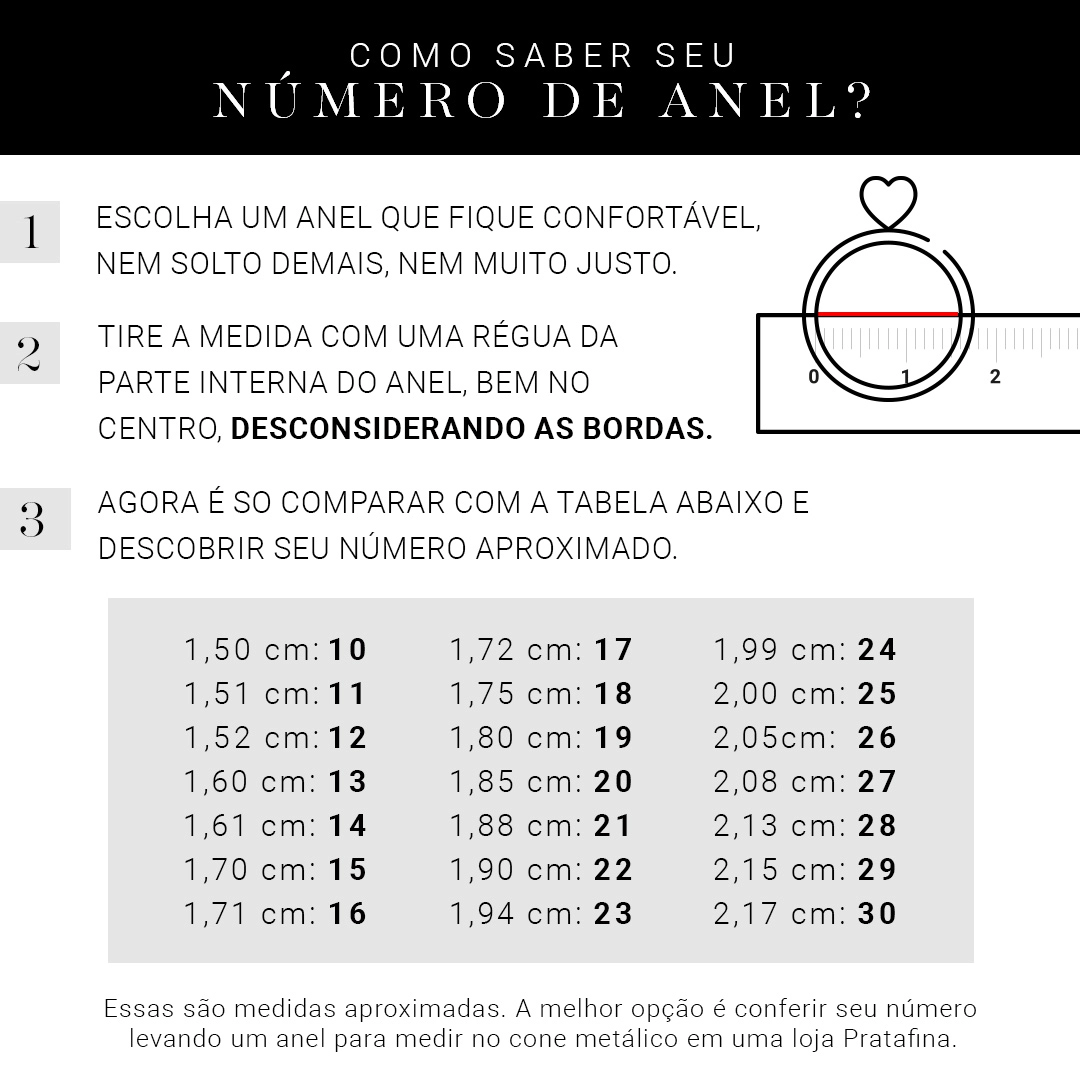 Como saber seu número de anel: escolha um anel confortável, meça com uma régua o diâmetro interno, sem as bordas, e compare com a tabela de 1,50 cm (número 10) a 2,17 cm (número 30).